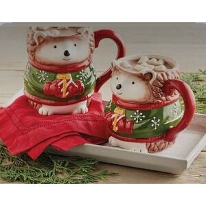 Harry And David ‎ Large Holiday Hedgehog Mugs Duo Coffee Ceramic Red White Green